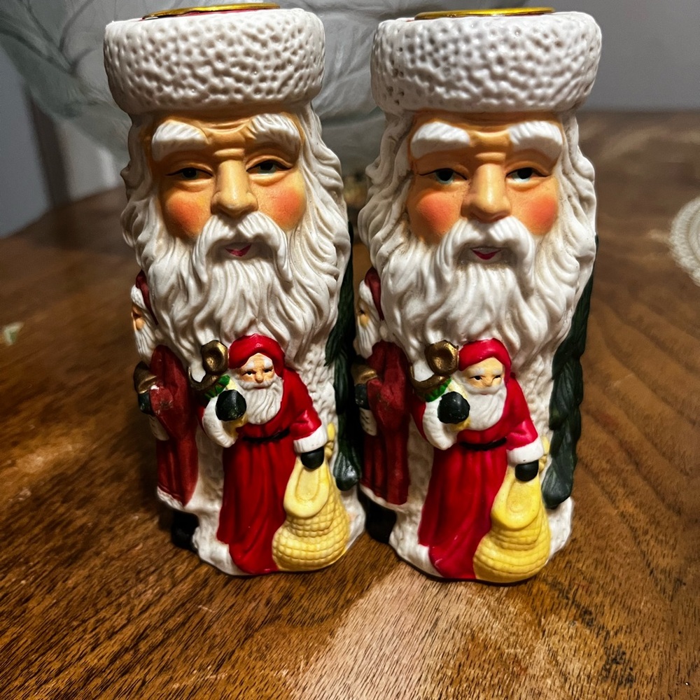 Ceramic Santa Candle Holder Christmas Santa's Village Old
World 3D Faces set 2